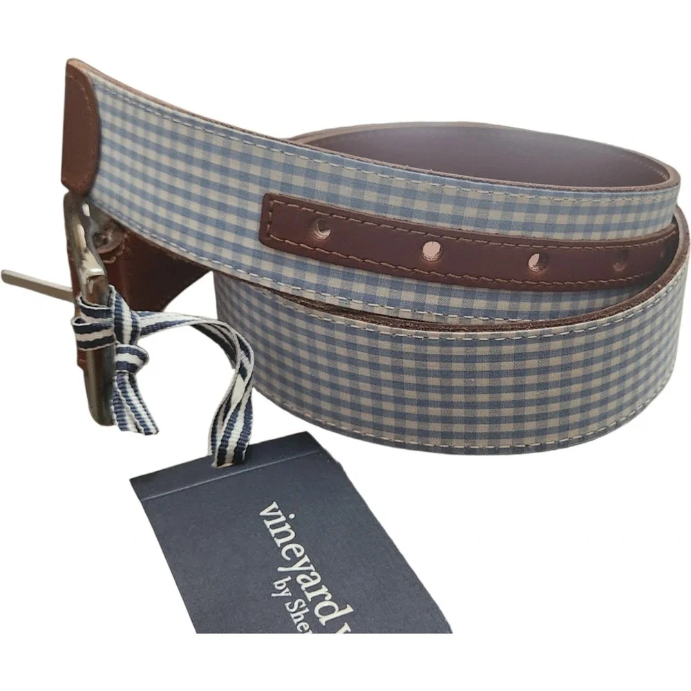 Vineyard Vines Gingham Reverse Leather Belt Summer Evening Blue White Size 32
